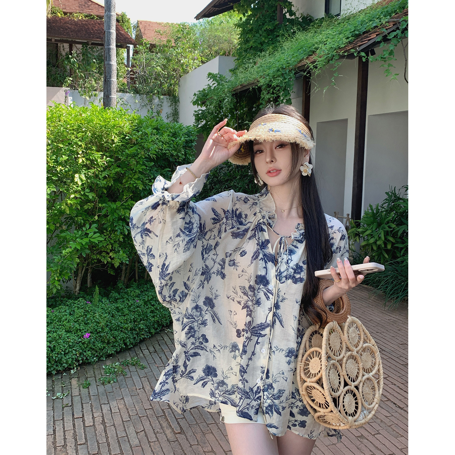 MINISTUDIO徐琳「惬意松弛」廓形莱赛尔混纺水墨印花优雅系带衬衫