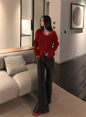 MINISTUDIO徐琳「挚爱出街」休闲高腰拼接款烟灰色显瘦微喇牛仔裤