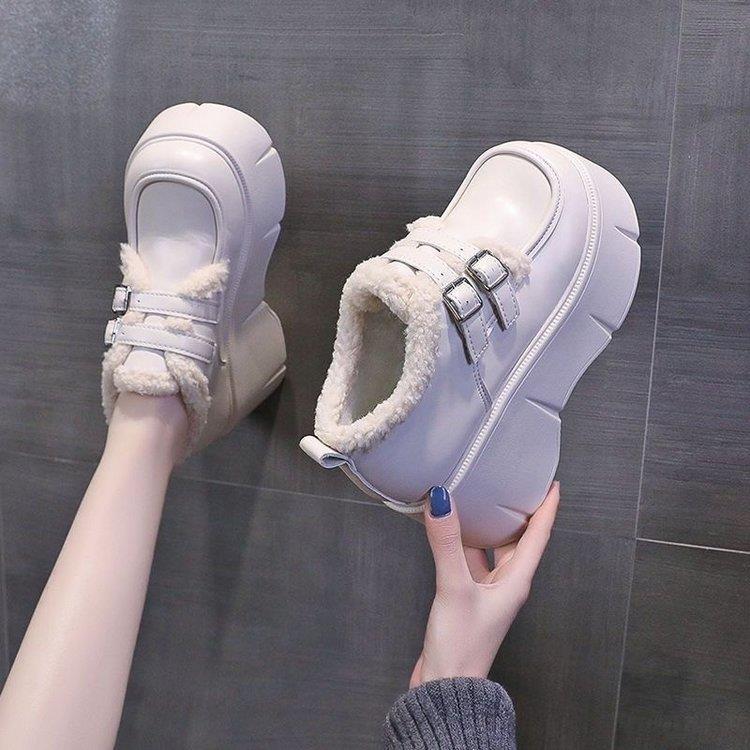 松糕厚度增高英伦风皮带扣小皮鞋女2025秋冬新款加绒保暖毛毛棉鞋