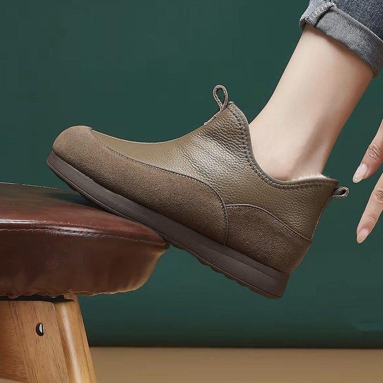 加绒加厚短靴2025冬季平底圆头软皮防滑雪地靴防寒保暖中老年棉鞋