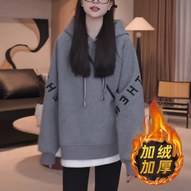 2024秋冬季新款灰色字母刺绣长袖连帽卫衣女加绒加厚百搭遮肚上衣