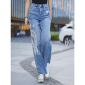 文艺风拖地裤 2023秋季 女洋气时髦高腰直筒裤 刺绣阔腿牛仔裤 子 新款