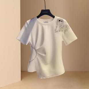 胖mm不规则褶皱法式 大码 T恤女夏季 女装 上衣 爱心镂空烫钻白色短袖