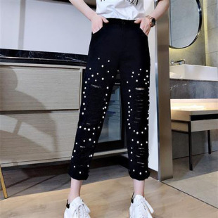黑色破洞牛仔裤女宽松2023新款韩版钉珠高腰九分裤女裤显瘦乞丐裤