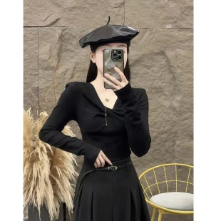 显瘦内搭打底衫 T恤女2025年秋冬新款 上衣 扭结V领长袖 今年流行爆款