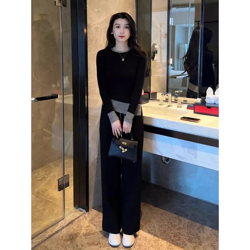 2025春季拼接打底长袖恤女时尚设计感百搭显瘦上衣休闲运动两件套