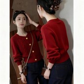 减龄气质跨年单排扣毛衣 爆款 复古红色套头麻花针织衫 女2026春秋季