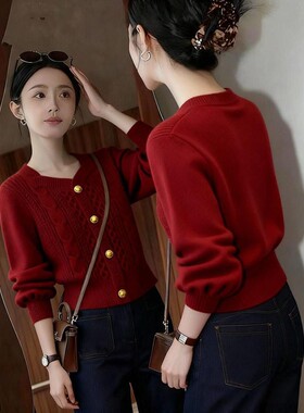复古红色套头麻花针织衫女2026春秋季爆款减龄气质跨年单排扣毛衣