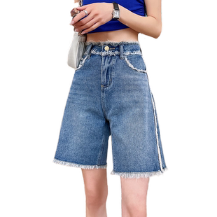 五分牛仔短裤女夏季薄款高腰显瘦a字版梨型身材宽松直筒阔腿毛边