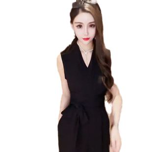 网红气质时尚欧货连体裤女夏季V领无袖高腰修身阔腿裤长裤连衣裤