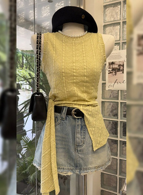 黄色无袖不规则吊带背心2025夏季新款外穿法式高级感辣妹上衣女装