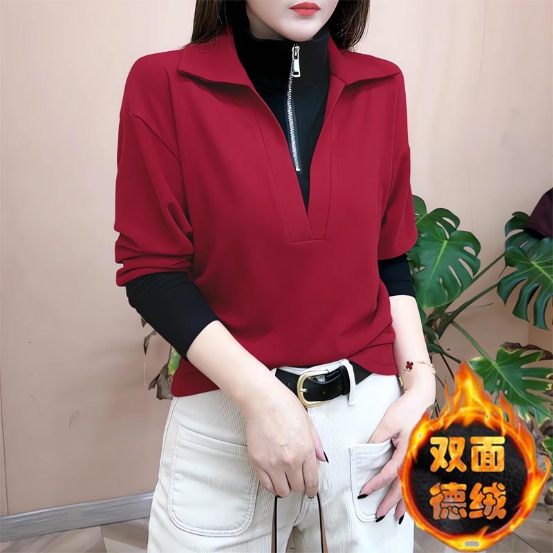 假两件长袖T恤拉链显瘦女士上衣