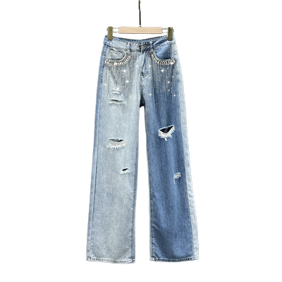 破洞牛仔阔腿裤女2023年新款夏季高腰宽松显瘦bf港风渐变镶钻长裤