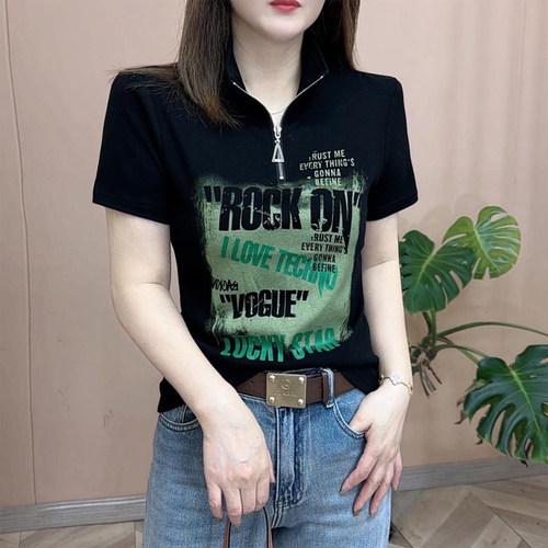 显瘦短袖休闲T恤半拉链女士上衣