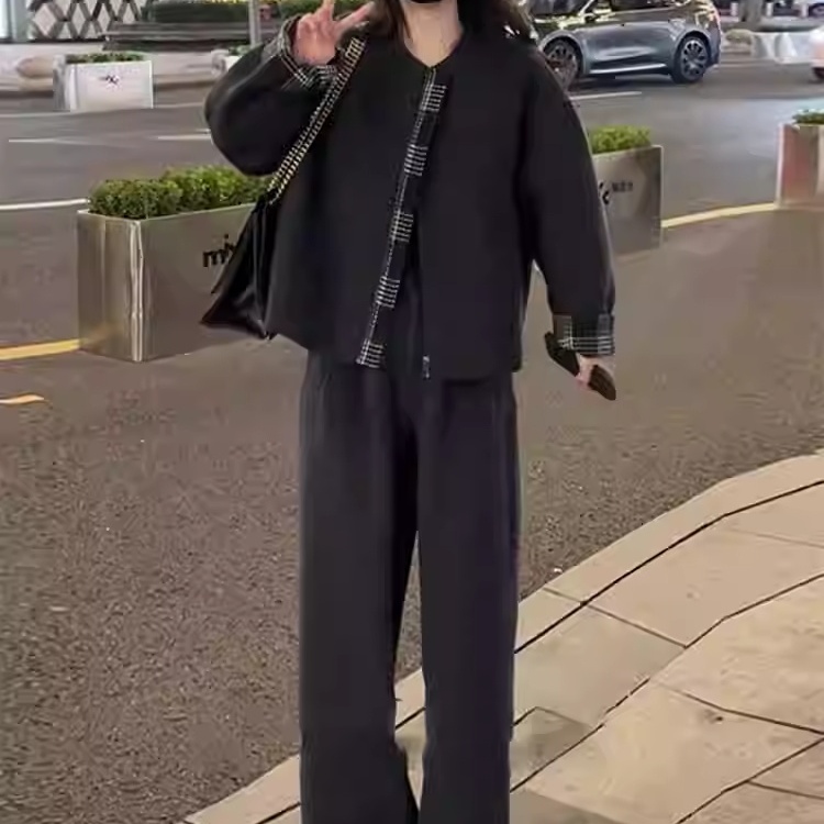 时尚休闲高级感套装女秋季时髦加厚羽绒内胆毛呢外套阔腿裤两件套