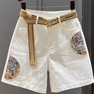 宽松洋气刺绣直筒牛仔短裤 新中式 时尚 女24夏季 国风白色休闲五分裤