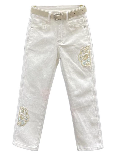 Джинсовые летние штаны, китайский стиль, с вышивкой, свободный прямой крой, высокая талия