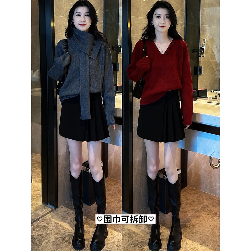 慵懒风可拆卸围巾毛衣内搭针织衫女秋冬季胖mm大码设计感显瘦上衣