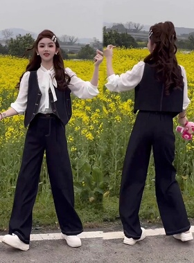 法式蝴蝶结绑带白色上衣高腰显瘦阔腿裤不规则马甲三件套女春季潮