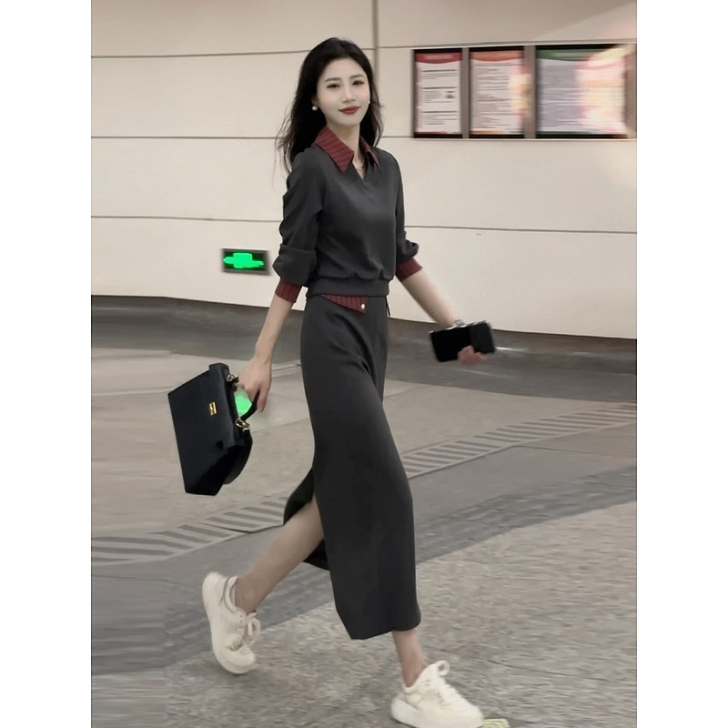 2024秋季新款显气质高定两件套显高瘦假两件拼接卫衣+开叉半身裙