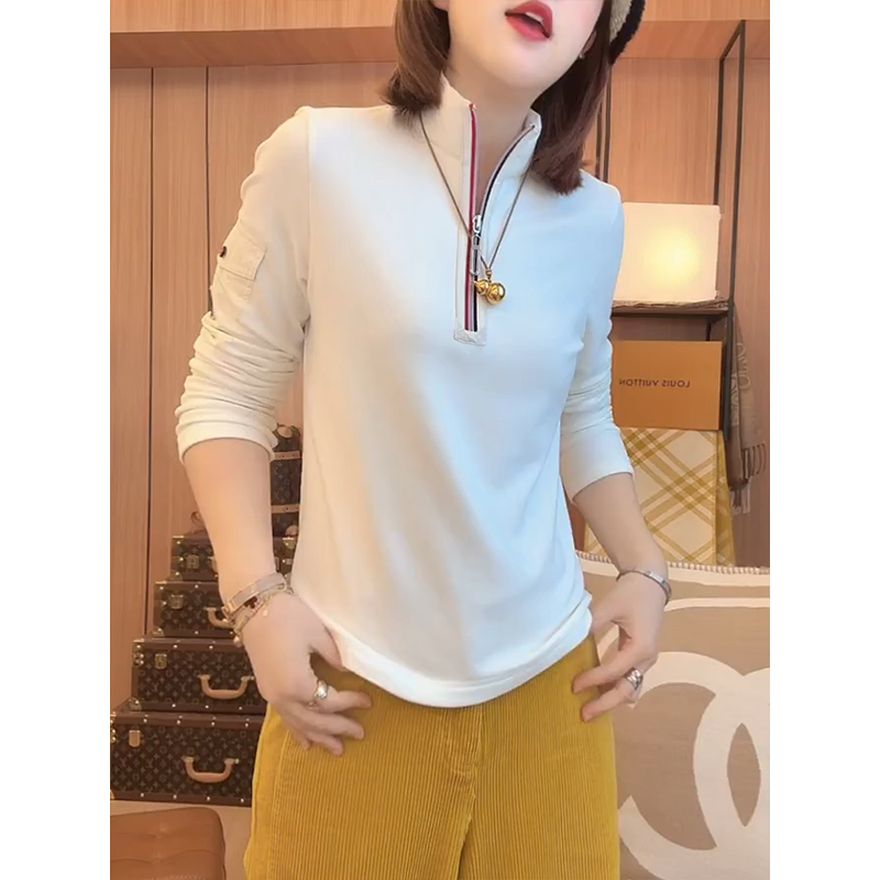 半拉链磨毛立领打底衫女秋冬2025年新款内搭长袖t恤修身显瘦上衣