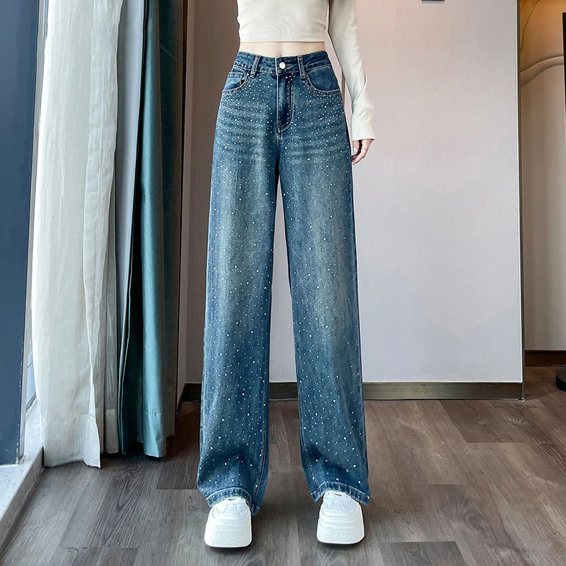 高腰阔腿牛仔裤女重工烫钻2024秋季新款复古窄版百搭减龄直筒裤子
