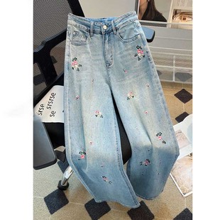 小个子直筒小清新复古烫钻阔腿裤 新款 女 女夏季 重工刺绣花朵牛仔裤