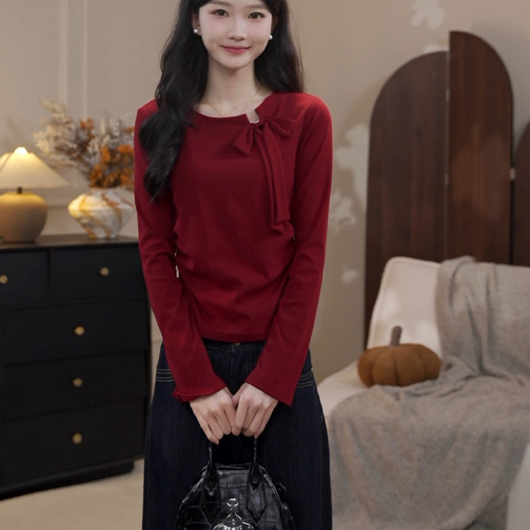 2025冬季新款时尚百搭法式复古显白长袖气质减龄蝴蝶结针织衫上衣