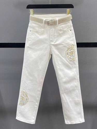 Джинсовые летние штаны, китайский стиль, с вышивкой, свободный прямой крой, высокая талия