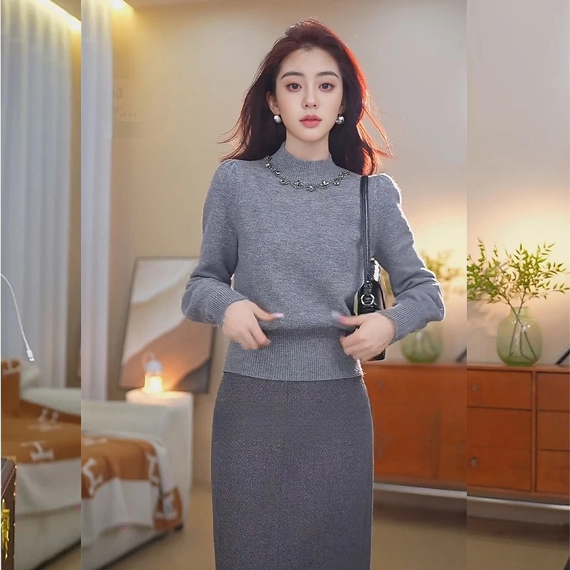秋冬季设计感小香风重工钉珠半高圆领针织打底衫女百搭小高领毛衣
