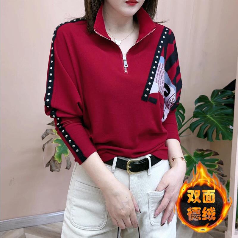 时尚百搭长袖T恤半拉链女士上衣