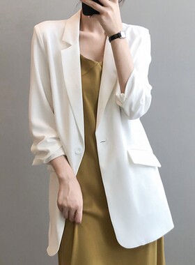 小西装外套2025新款薄款夏季垂感宽松网红休闲中长款白色西服上衣