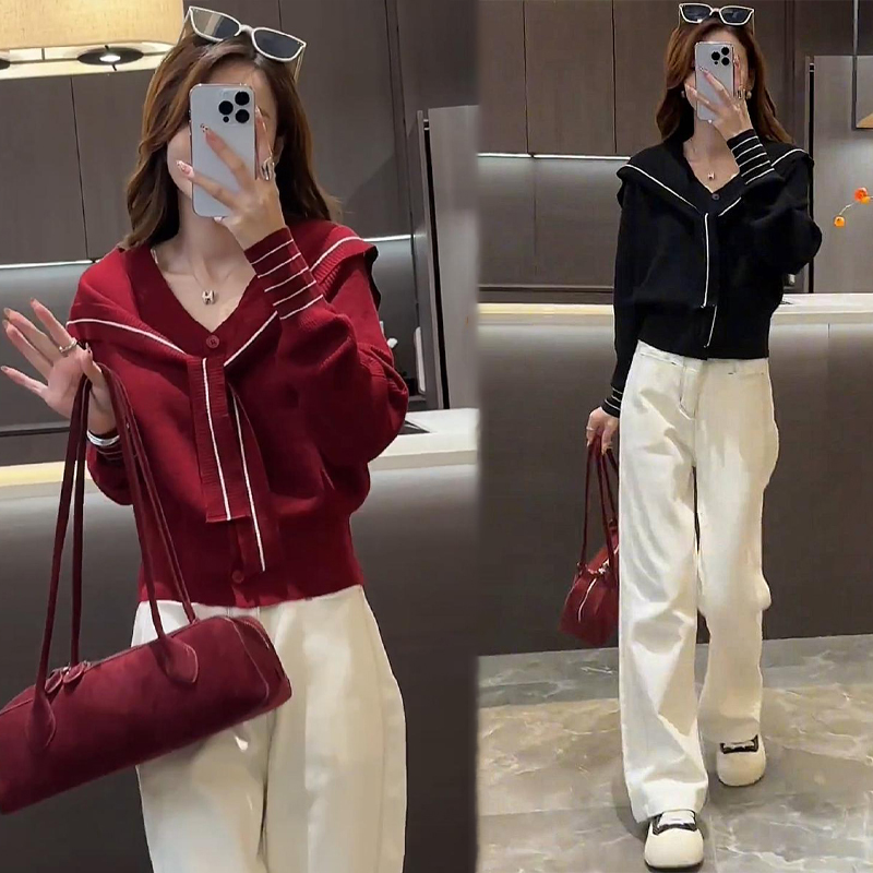 欧货2024秋装新款韩版海军领翻领毛衣+牛仔阔腿裤两件套时髦套装