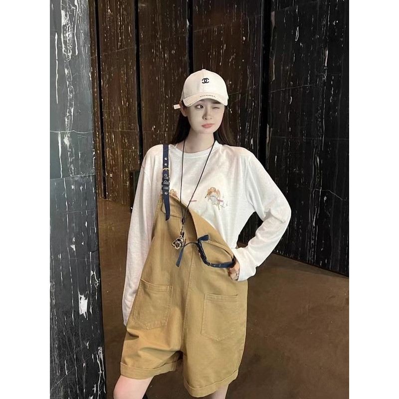 浅咖色肩带调节卷边背带短裤女2025夏季新款高腰显瘦拼接撞色裤子图片