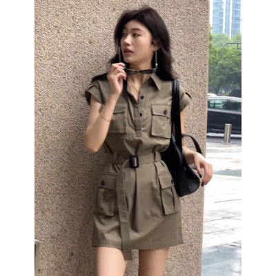 韩系高级感翻领短袖工装连衣裙女装2025夏季新款设计感小众短裙子
