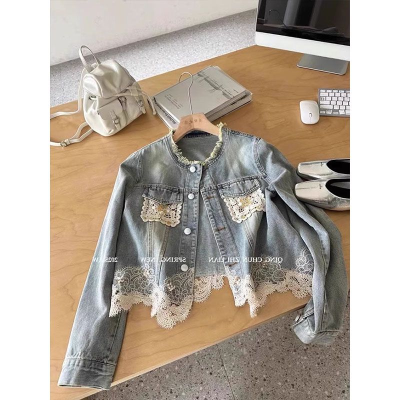 复古蕾丝钩花牛仔外套女春季