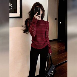 独特别致漂亮蕾丝针织衫女2026春季轻奢高级感酒红色内搭长袖上衣