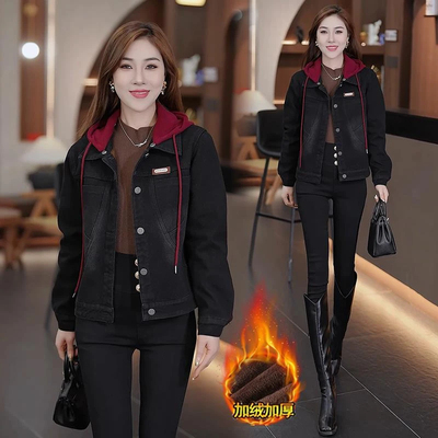 加绒加厚连帽牛仔外套女2024冬季新款时尚洋气宽松休闲百搭短上衣