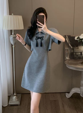 灰色polo领国风连衣裙女夏季显瘦气质小众设计感露腰小个子裙子