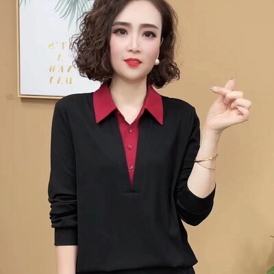 2025秋季新款时尚洋气百搭假两件翻领长袖气质打底衫女士休闲上衣