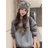 可爱风灰色小狗图案polo领卫衣女2025年冬季 加绒加厚长袖 上衣潮女