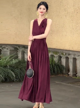 挂脖v领紫色收腰气质连衣裙2025夏季新款无袖长裙爆款穿搭裙子女