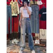 潮 垂感高腰宽松显瘦直筒拖地裤 渐变重工烫钻破洞牛仔裤 女2024夏季