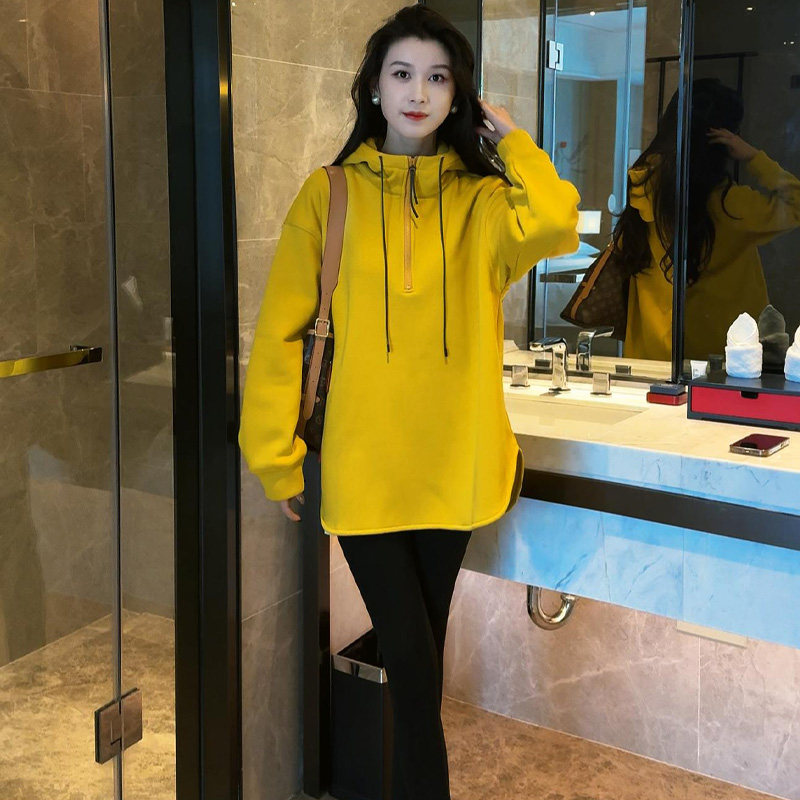 2025春季新款半拉链中长款连帽加绒卫衣女宽松设计感开叉长袖上衣