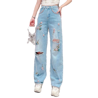水钻刺绣花朵破洞设计直筒阔腿裤