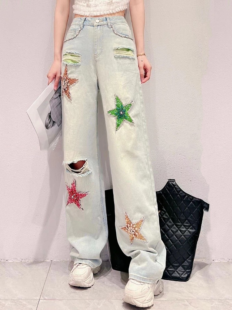 设计感重工彩钻破洞牛仔裤女2023年夏季新款宽松显瘦阔腿直筒长裤