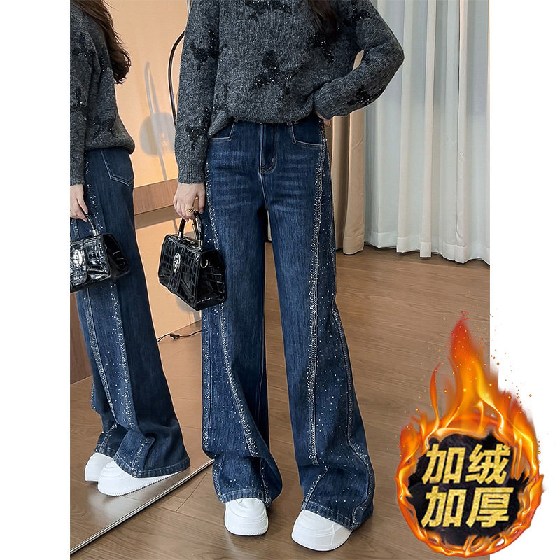 美式烫钻直筒牛仔裤女2026年春季加厚绒新款高腰窄版显瘦阔腿长裤,女装/女士精品,牛仔裤,淘宝优惠券,粉丝福利购,淘宝优惠卷