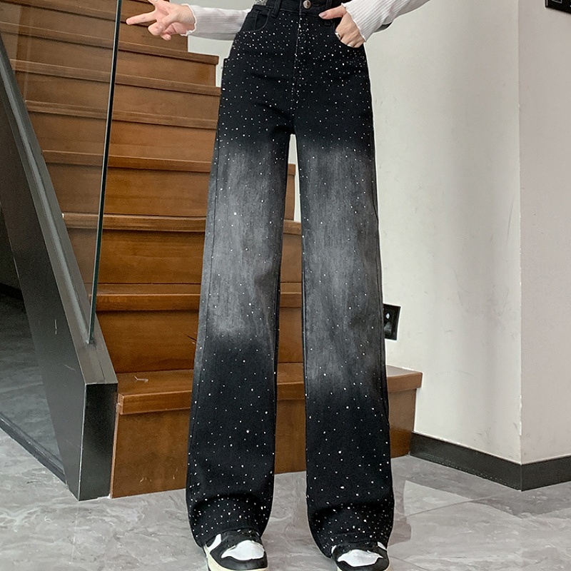 烫钻窄版阔腿牛仔裤女新款夏季高腰宽松设计感渐变直筒拖地裤带钻