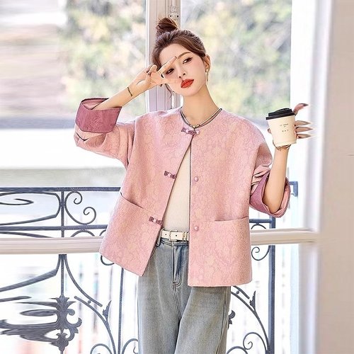 新中式国风提花短外套女2025春装新款高级感气质唐装轻奢圆领上衣