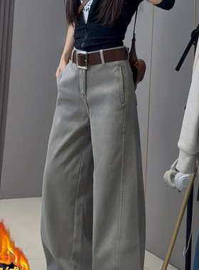 灰色加绒加厚弯刀牛仔裤女秋冬季2025新款大码梨型身材直筒阔腿裤